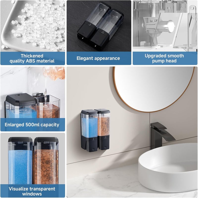 POBAMLE Shampoo and Conditioner Dispenser Wall Mounted, Shower Soap Dispenser No Drill Upadate Easy Slot Install, Shampoo Dispenser for Shower Bathroom Large Capacity 500ml * 2 Chamber Holder Black - Image 5